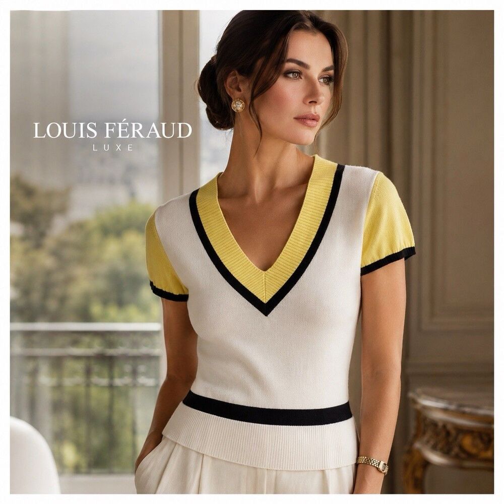 Vtg Louis Feraud White Knit Yellow Black Accent V Neck Cinch Waist S